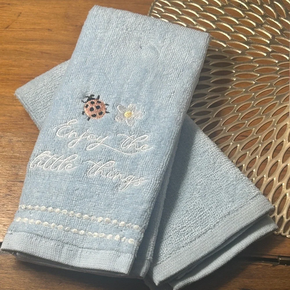 Lady Bug Daffodil Finger Tip Towel Set of 2 Embroidered Light Blue Terry Cloth